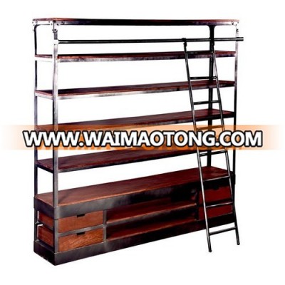 Industrial Wood Metal Wide Shelf and Drawers with ladder Library Bookcase