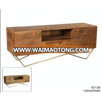 Industrial Brass Inlay in Mango Wood and metal legs with Storage TV Stand