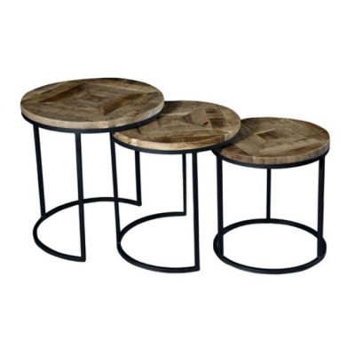 Industrial and Vintage Indian Iron metal & Solid Wood Made Set of 3 Nesting Coffee Table/Side Table/Stools