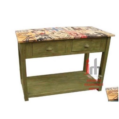 Industrial vintage Indian Wood and Canvas Printed Console Table at Wholesale Price