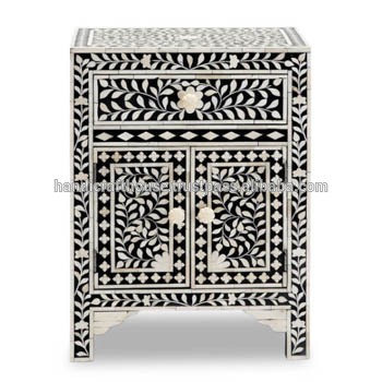 Industrial & vintage Indian Black bone inlay 1 drawer 2 doors small bedroom furniture nightstand