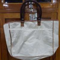 Indian White Canvas Bag/Tote Bag with Leather Handle for Women