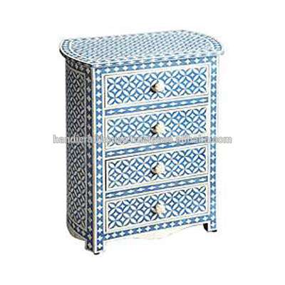 Industrial Vintage Blue distressed painted 4 drawer bedroom furniture bone inlay nightstand