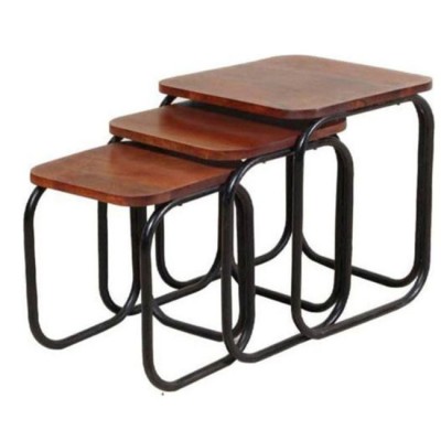 Industrial and Vintage Indian Iron metal & Solid Wood  Set of 3 Nesting Coffee Table/Side Table/Stools